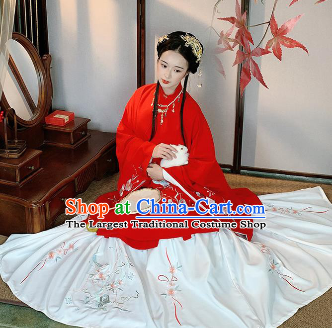 China Ancient Patrician Lady Red Hanfu Dress Traditional Ming Dynasty Historical Clothing Young Beauty Costumes