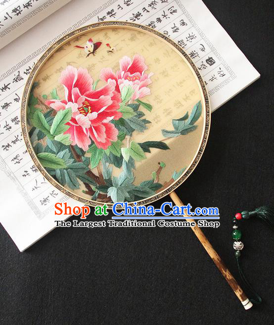 China Classical Dance Circular Fan Handmade Embroidered Peony Palace Fan Traditional Hanfu Fan Beige Silk Fan