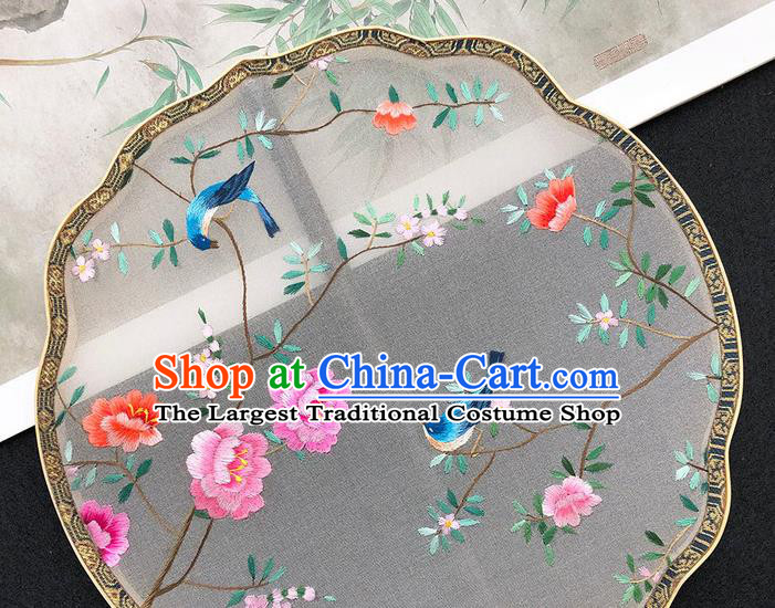 China Traditional Silk Fan Hanfu Fan Classical Dance Fan Handmade Embroidered Peony Birds Palace Fan