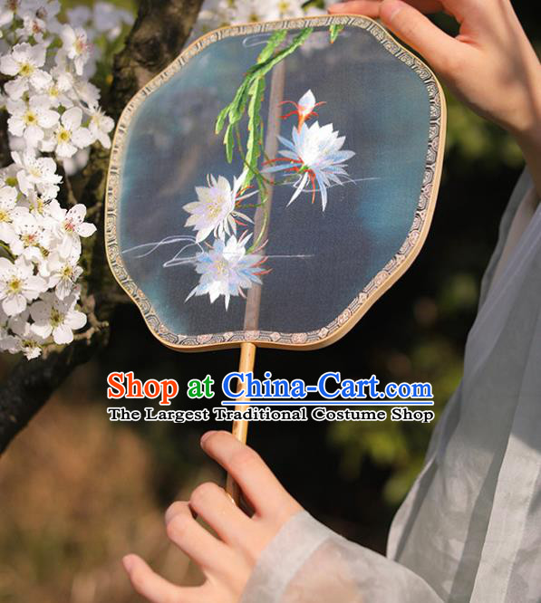 China Handmade Embroidered Epiphyllum Palace Fan Classical Dance Fan Traditional Silk Fan Hanfu Fan