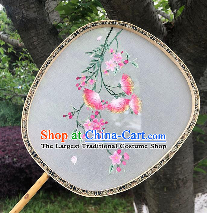 China Handmade Embroidered Albizia Flowers Palace Fan Classical Dance Hanfu Fan Traditional Silk Fan