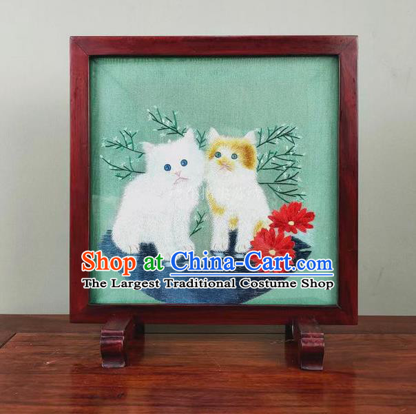Chinese Traditional Embroidery Green Silk Craft Handmade Rosewood Ornament Embroidered Cats Table Screen