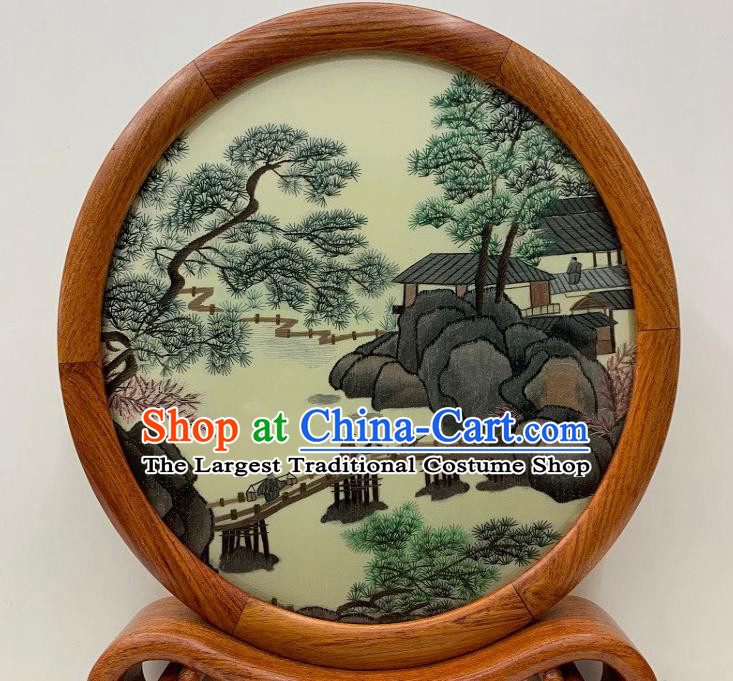 Chinese Handmade Palisander Craft Traditional Embroidered Table Screen Suzhou Embroidery Ornament