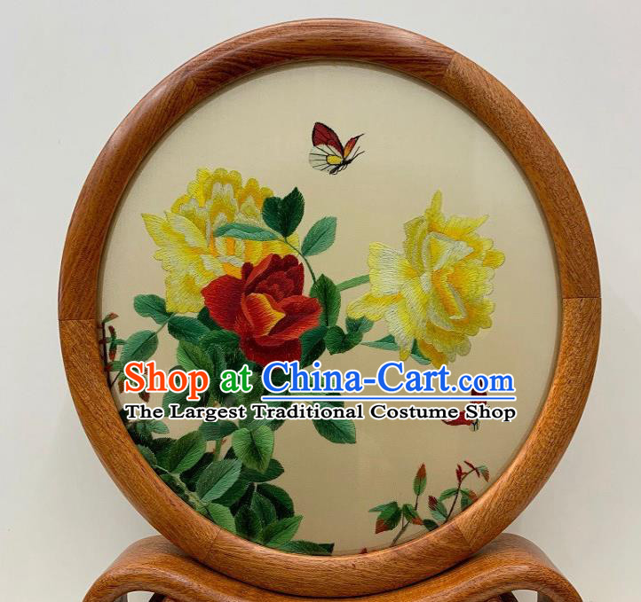 Chinese Traditional Suzhou Embroidery Peony Butterfly Ornament Embroidered Table Screen Handmade Palisander Craft