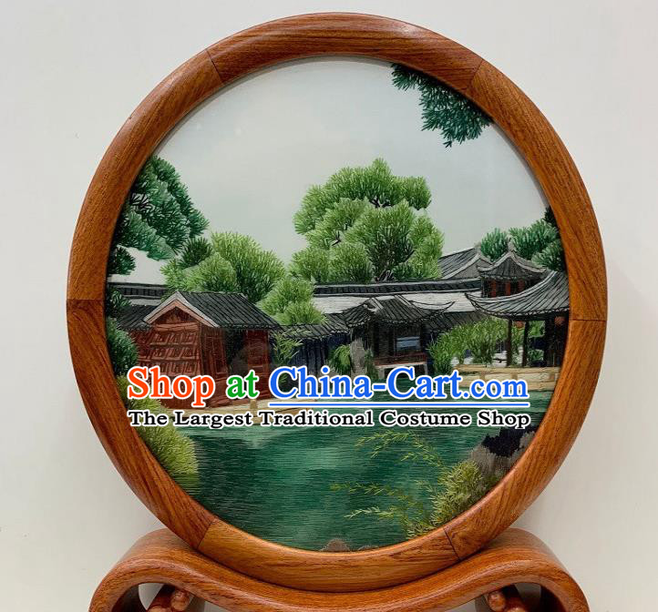 Chinese Embroidered Suzhou Garden Table Screen Handmade Palisander Craft Traditional Embroidery Desk Decoration