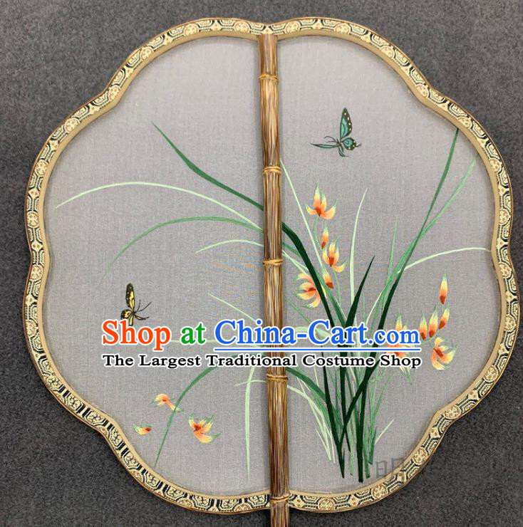 China Traditional Embroidery Orchids Silk Fan Classical Hanfu Bamboo Fan Handmade Embroidered Palace Fan