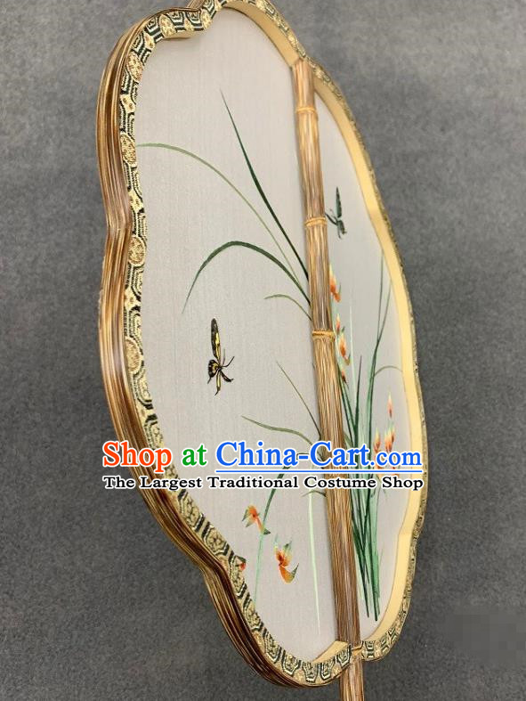 China Traditional Embroidery Orchids Silk Fan Classical Hanfu Bamboo Fan Handmade Embroidered Palace Fan