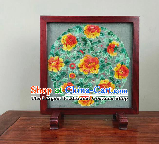 Chinese Traditional Suzhou Embroidery Silk Craft Handmade Rosewood Ornament Embroidered Peony Table Screen