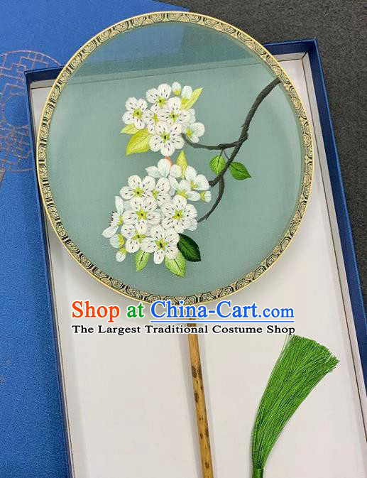 China Handmade Embroidered Pear Blossom Palace Fan Traditional Double Side Embroidery Circular Fan Classical Hanfu Green Silk Fan