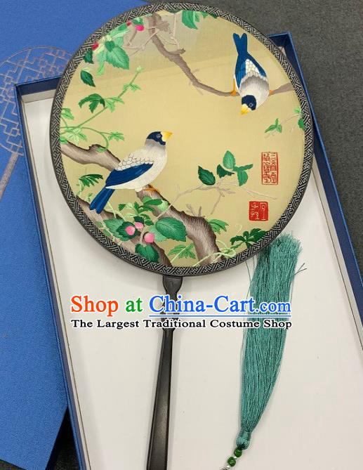 China Classical Hanfu Light Yellow Silk Fan Handmade Embroidered Palace Fan Traditional Double Side Embroidery Circular Fan