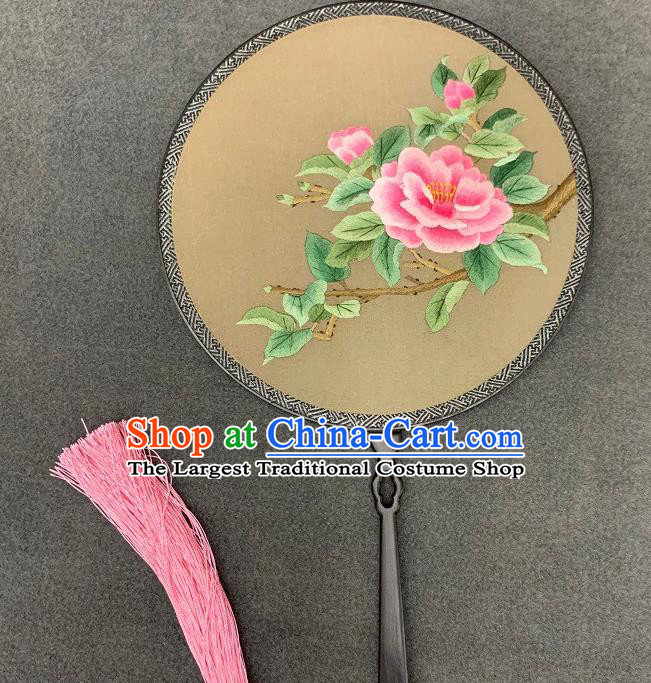 China Handmade Embroidery Peony Palace Fan Double Side Silk Circular Fan