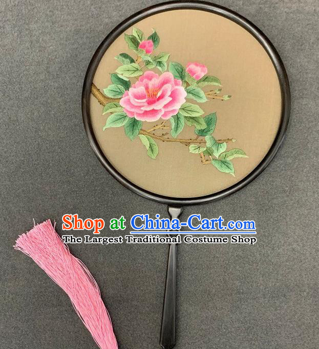 China Handmade Embroidery Peony Palace Fan Double Side Silk Circular Fan