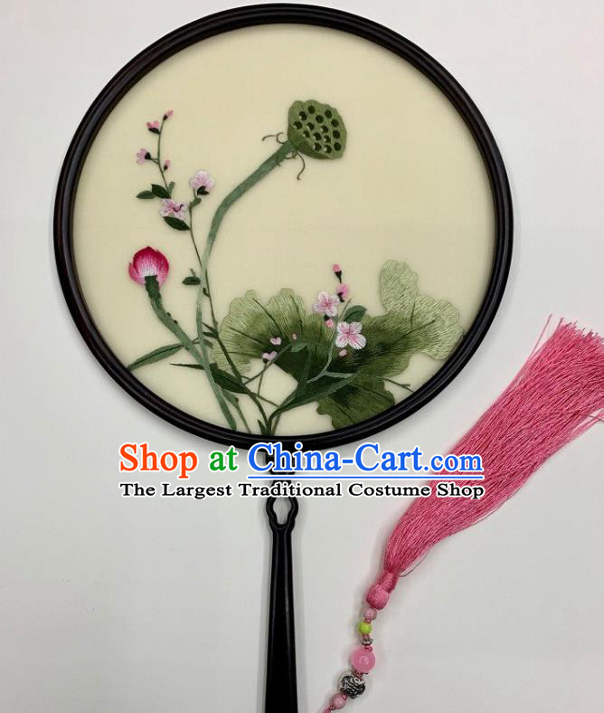 China Handmade Circular Fan Beige Silk Fan Double Side Embroidery Lotus Palace Fan