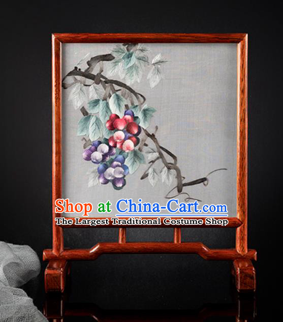 Chinese Merbau Desk Decoration Traditional Hunan Embroidery Grape Table Screen Handmade Embroidered Silk Craft