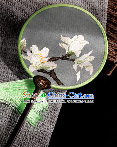 China Traditional Hanfu Circular Fan Handmade Silk Fan Hunan Embroidery Mangnolia Palace Fan