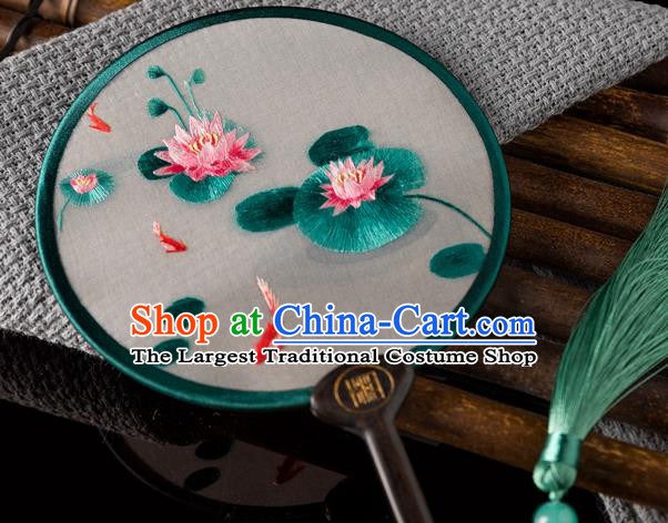 China Handmade Silk Fan Hunan Embroidery Lotus Palace Fan Traditional Hanfu Circular Fan