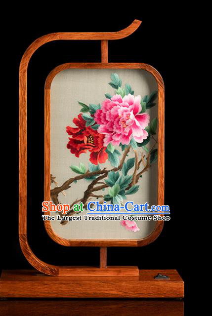 Chinese Handmade Merbau Craft Embroidered Desk Lamp Traditional Hunan Embroidery Peony Table Screen