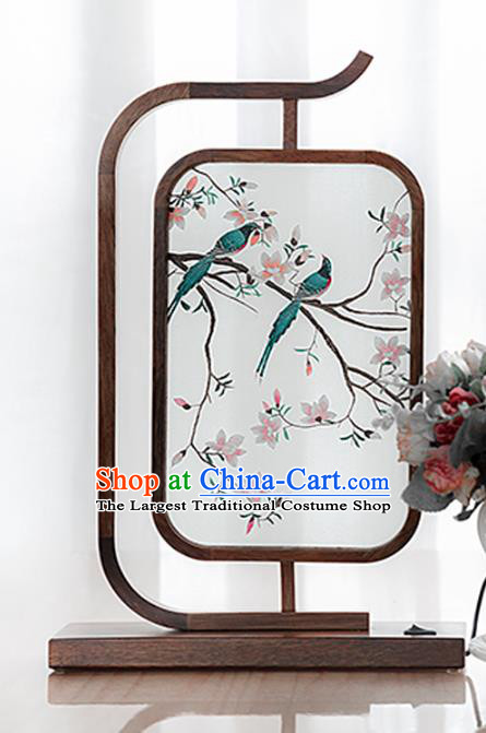 Chinese Embroidered Desk Lamp Traditional Hunan Embroidery Mangnolia Birds Table Screen Handmade Merbau Craft