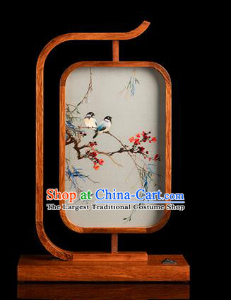 Chinese Handmade Merbau Craft Traditional Hunan Embroidery Plum Birds Table Screen Embroidered Desk Lamp