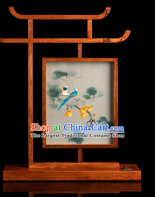 Chinese Double Side Embroidered Desk Lamp Handmade Merbau Craft Traditional Hunan Embroidery Pine Birds Table Screen