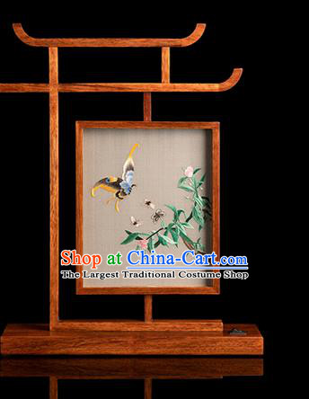 Chinese Handmade Merbau Craft Traditional Hunan Embroidery Butterfly Table Screen Double Side Embroidered Desk Lamp