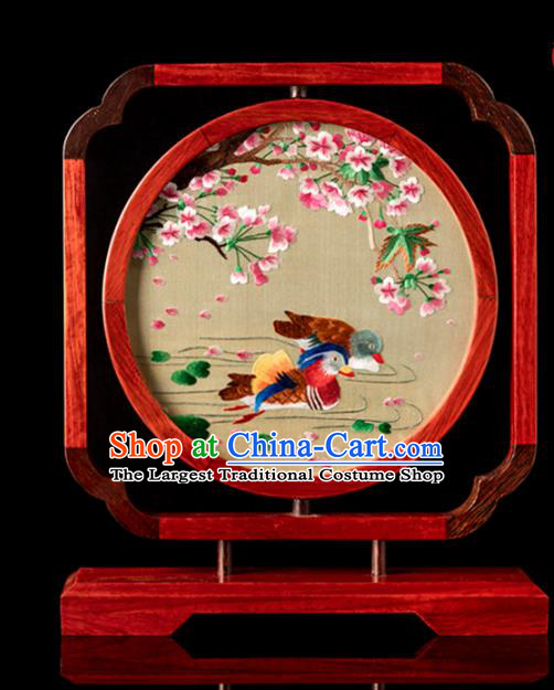 Chinese Handmade Rosewood Craft Desk Ornament Traditional Hunan Double Side Embroidery Mandarin Duck Table Screen