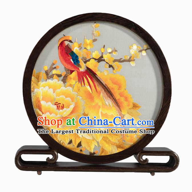 Chinese Traditional Hunan Embroidery Yellow Peony Table Screen Handmade Narra Craft Desk Circular Ornament