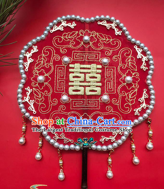 China Embroidery Red Silk Palace Fan Traditional Hanfu Fan Handmade Wedding Fan