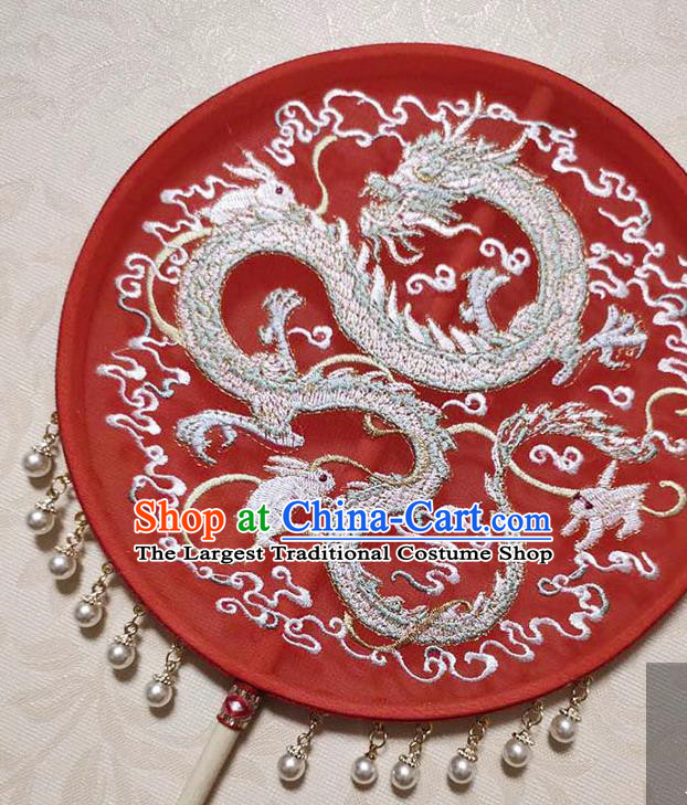 China Traditional Hanfu Fan Handmade Wedding Circular Fan Embroidery Dragon Red Silk Palace Fan