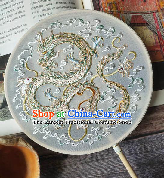 China Handmade Wedding Circular Fan Embroidery Dragon White Silk Palace Fan Traditional Hanfu Fan