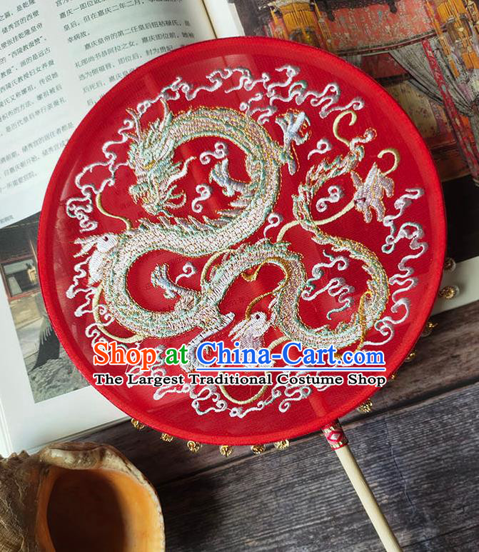 China Traditional Hanfu Fan Handmade Wedding Circular Fan Embroidery Dragon Red Silk Palace Fan