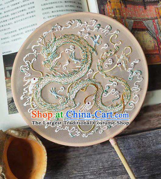 China Handmade Wedding Circular Fan Traditional Champagne Silk Hanfu Fan Embroidery Dragon Palace Fan