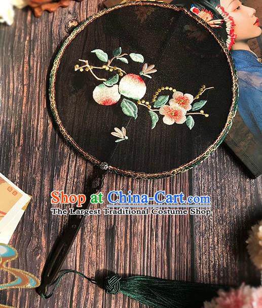 China Handmade Palace Fan Wedding Black Silk Fan Traditional Hanfu Embroidered Peach Flowers Circular Fan