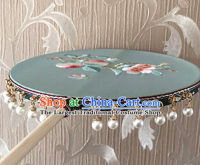 China Wedding Light Green Silk Fan Traditional Hanfu Embroidered Peach Flowers Circular Fan Handmade Palace Fan