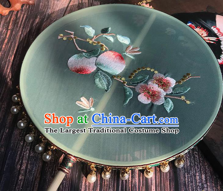 China Wedding Light Green Silk Fan Traditional Hanfu Embroidered Peach Flowers Circular Fan Handmade Palace Fan