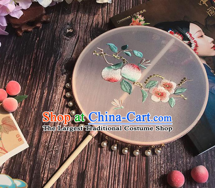 China Handmade Palace Fan Traditional Hanfu Embroidered Peach Flowers Circular Fan Wedding Light Pink Silk Fan