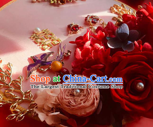 China Bride Circular Fan Wedding Silk Fan Handmade Palace Fan Traditional Red Rose Fan