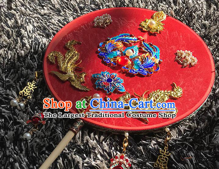 China Handmade Blueing Phoenix Palace Fan Traditional Red Silk Fan Wedding Circular Fan