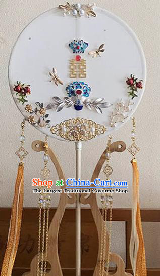 China Traditional White Silk Fan Wedding Circular Fan Handmade Blueing Palace Fan