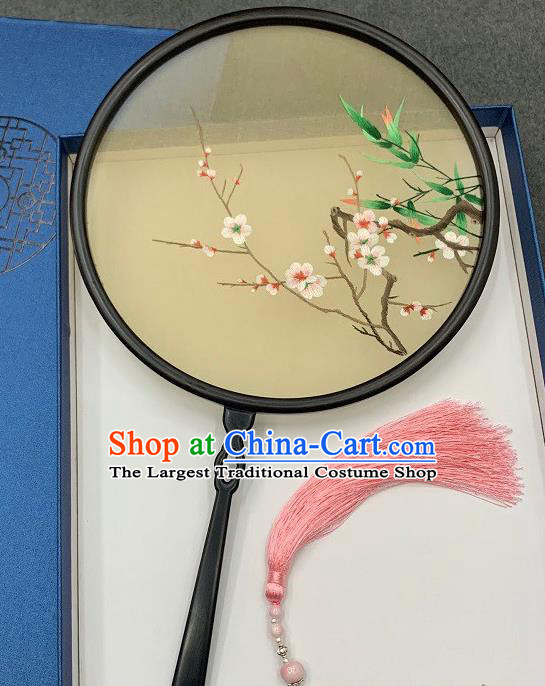 China Handmade Embroidery Plum Blossom Palace Fan Double Side Embroidered Circular Fan Traditional Dance Beige Silk Fan