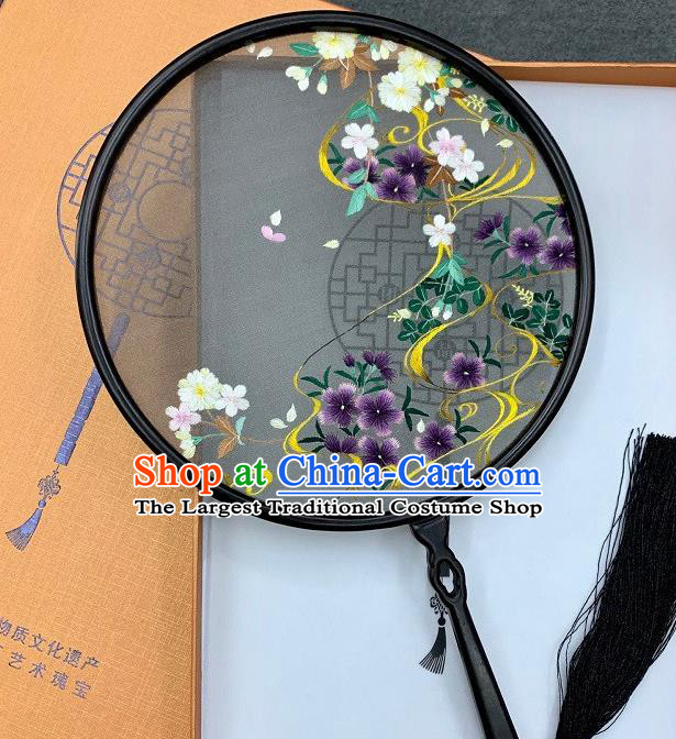 China Handmade Embroidery Palace Fan Double Side Embroidered Black Silk Circular Fan