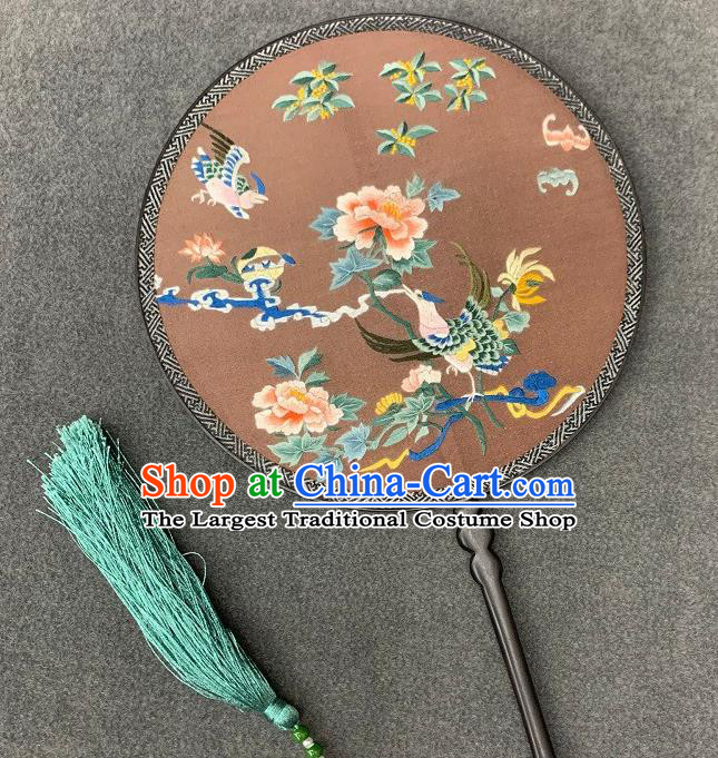 China Double Side Embroidered Jacinth Silk Circular Fan Handmade Embroidery Phoenix Peony Palace Fan