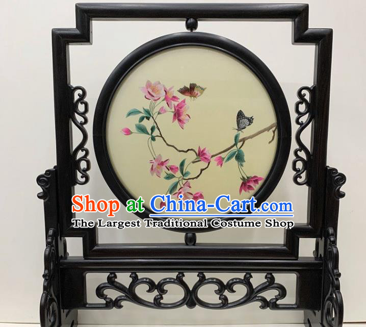 Chinese Traditional Double Side Embroidery Craft Handmade Ebony Desk Decoration Embroidered Peach Blossom Table Screen