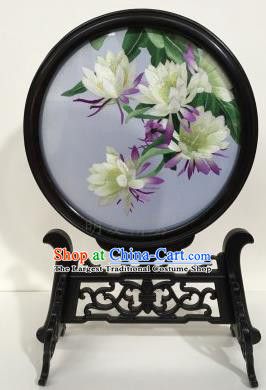 Chinese Handmade Embroidered Epiphyllum Table Screen Traditional Ebony Desk Decoration