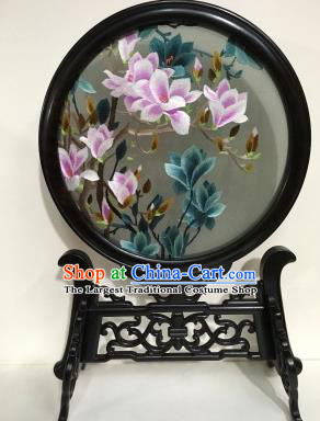 Chinese Ebony Desk Decoration Traditional Embroidery Craft Handmade Embroidered Mangnolia Table Screen