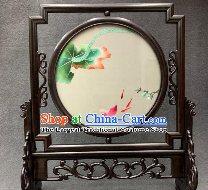 Chinese Traditional Embroidery Craft Handmade Embroidered Lotus Fish Table Screen Rosewood Desk Decoration