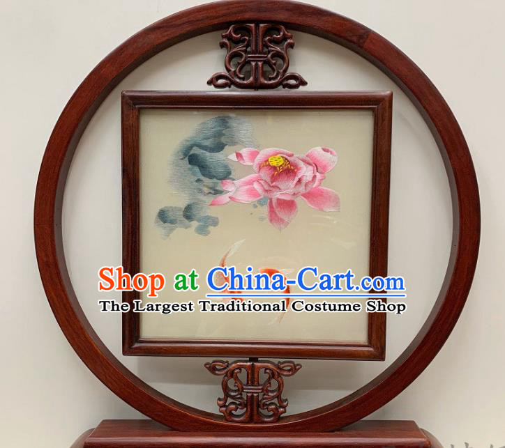 Chinese Handmade Silk Table Screen Embroidered Lotus Desk Decoration Traditional Palisander Craft