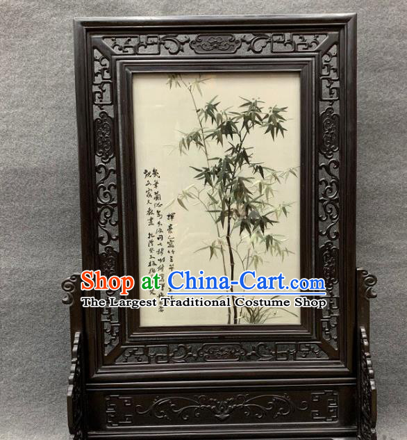 Chinese Traditional Rosewood Craft Handmade Silk Table Screen Embroidered Bamboo Desk Decoration