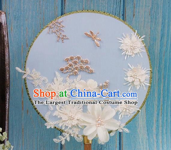 China Wedding Silk Fan Handmade White Flowers Palace Fan Traditional Bride Circular Fan