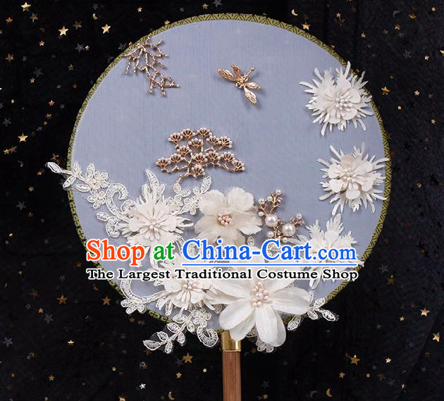 China Wedding Silk Fan Handmade White Flowers Palace Fan Traditional Bride Circular Fan